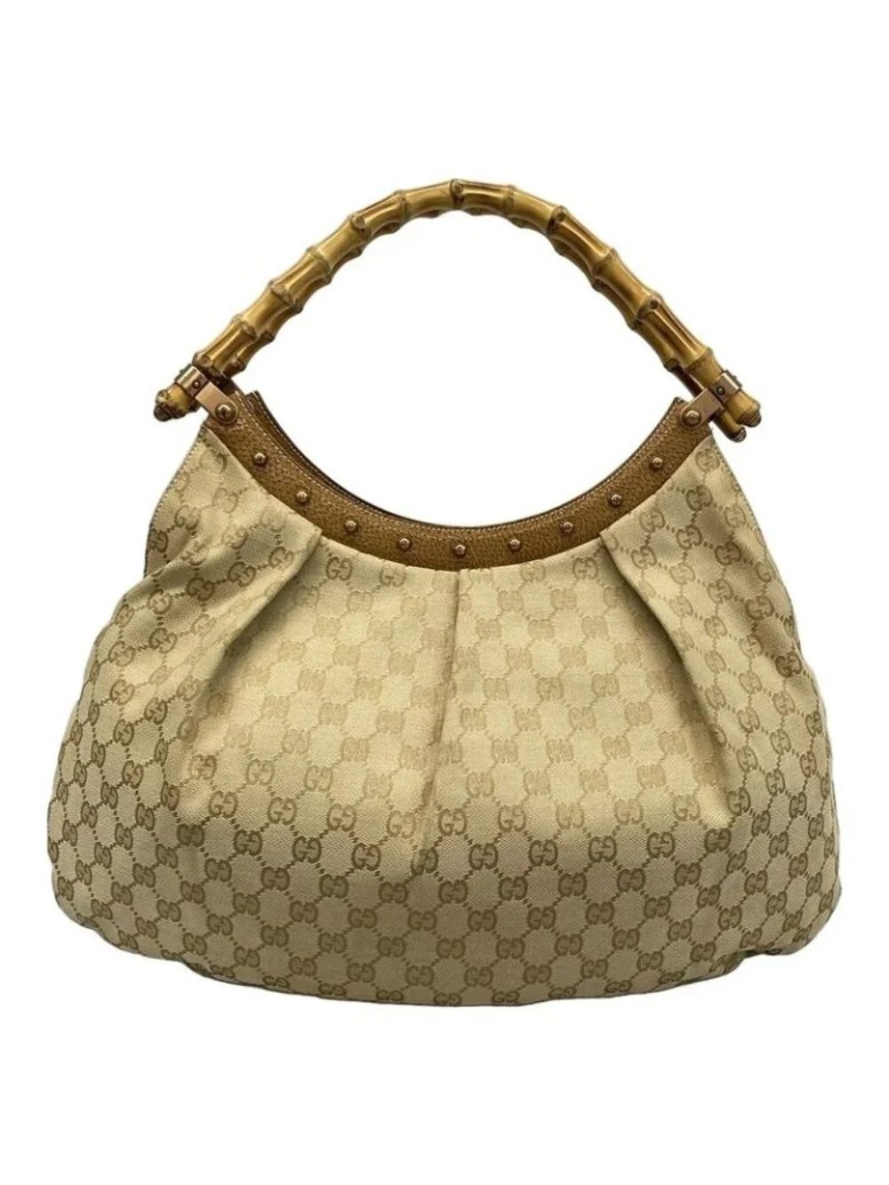 ★SOLD★ Gucci Shoulder Bag Bamboo GG Pattern Beige Brown Studs Leather - Picture 3 of 15